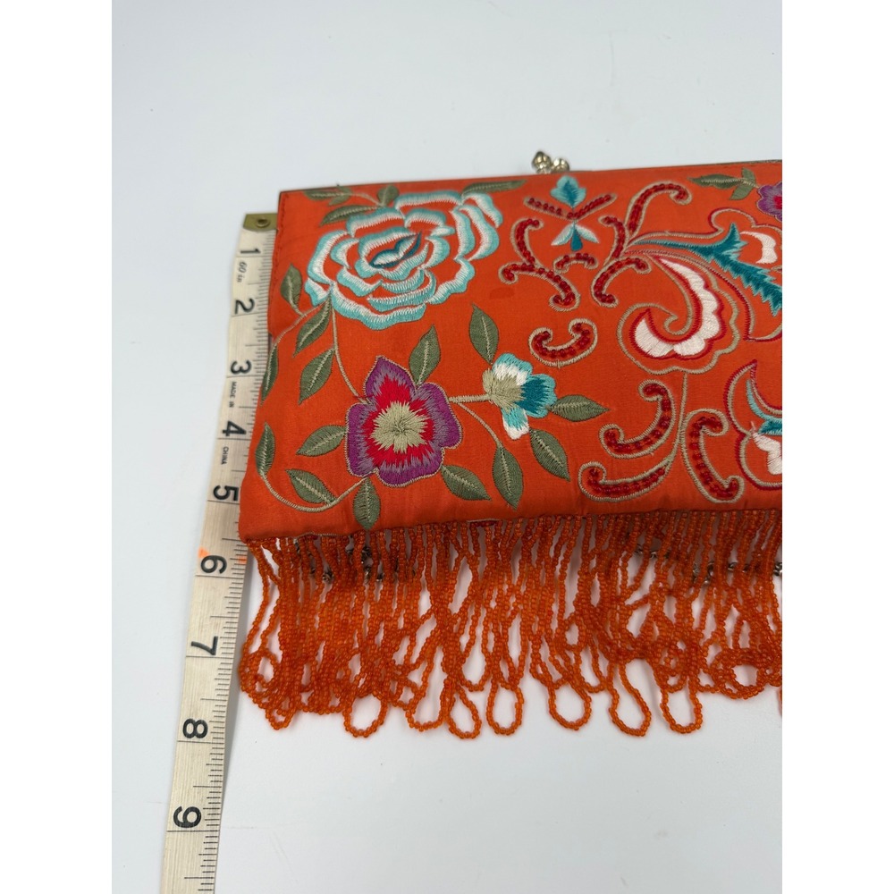 Moyna Orange Embroidered Silk Floral Clutch Beaded Fringe Evening Bag w/ Chain - Picture 7 of 8